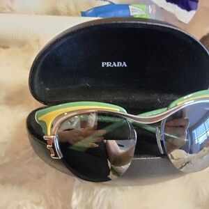 Vintage Rad Prada Retro Cat Eye Round Sunglasses in Green Blue & Yellow